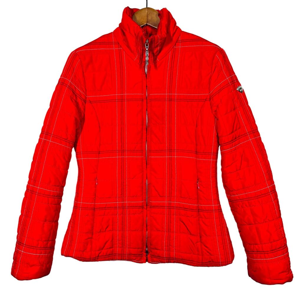 Post Card Quilted Ski Jacket Full Zip Plaid Red Mock Neck - 6